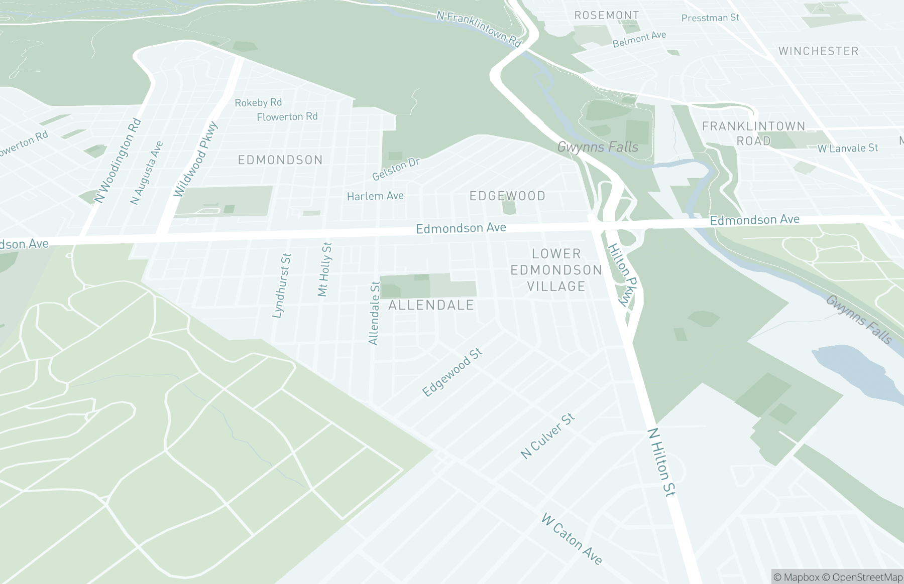 Oblique aerial view of the area around Mary E. Rodman ES showing Gwynns Falls Park on the top and right side of the map and the Allendale and Lower Edmondson Village neighborhoods in the center.